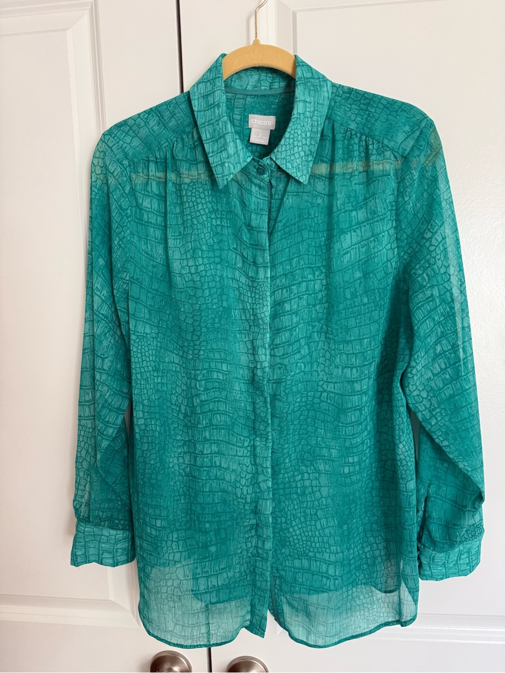 Chico's Teal Croc-Texture Long Sleeve Button-Down Blouse